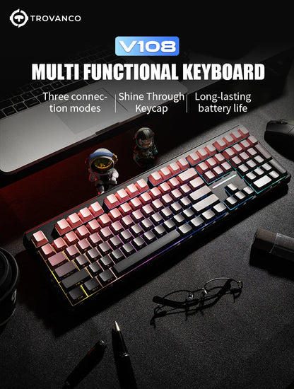 Teclado Bluetooth V108 Pro para oficina, bajo nivel de ruido, 2.4G, con cable e inalámbrico, diseño completo, membrana con retroiluminación RGB