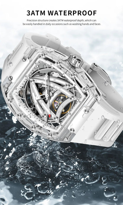 PINDU Designer Hollow Tonneau Mechanical Watch Men Luxury Brand Skeleton Automatic Watches Mens Sport Silicone Wristwatch JH3105