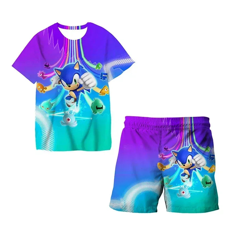 Sonic The Hedgehog Top Fashion 3D Anime Children's T-shirt Set Short Sleeve + Shorts Two-piece Set Girls Boys Cosplay Costume