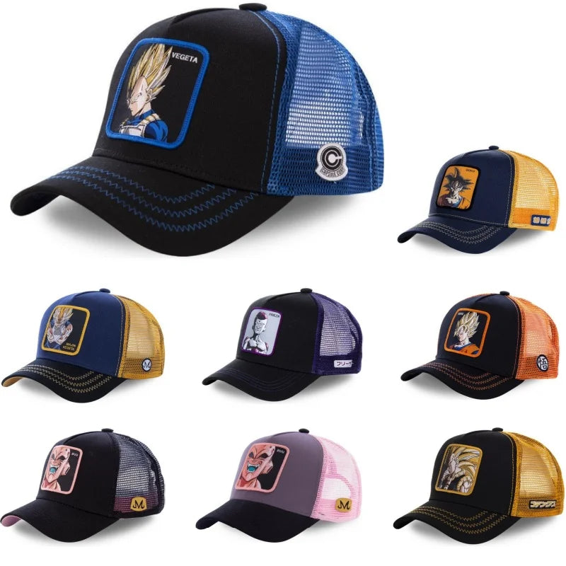 Dragon Ball Son Goku-Kappe, Sommer-Reisekappe mit Schirm, Herren-Kappe mit Stickerei, im Hip-Hop-Stil, Sonnenvisier, verstellbare Trucker-Kappe aus Netzstoff