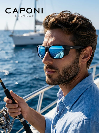 CAPONI Polarizované pánské sluneční brýle pro outdoorové sporty a rybaření, čtvercové, odolné proti oleji a vodě, modré HD čočky, černé obroučky CP36505