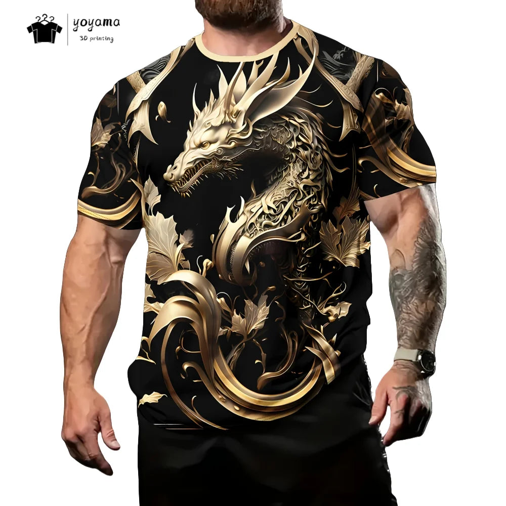 T-shirts för herr med drakmönster, kortärmad T-shirt, trendig streetwear-topp med O-ringning, djurmönster i 3D-tryck, lös och mångsidig herrklädsel