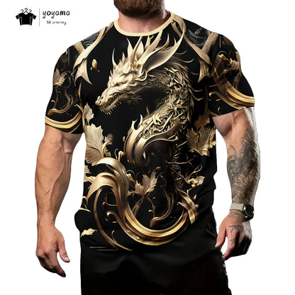 T-shirts för herr med drakmönster, kortärmad T-shirt, trendig streetwear-topp med O-ringning, djurmönster i 3D-tryck, lös och mångsidig herrklädsel