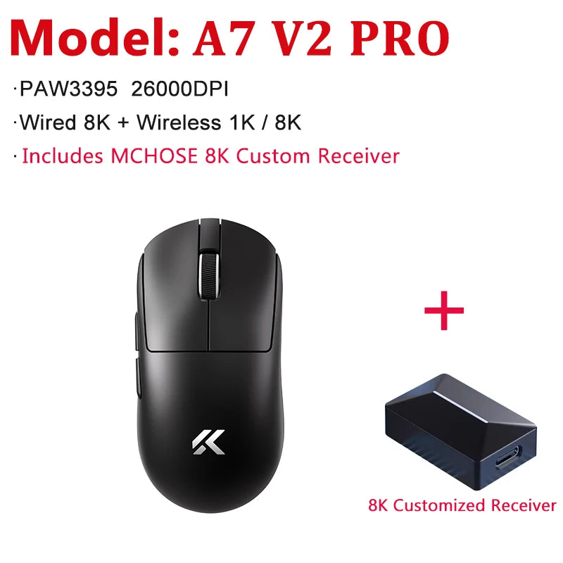 Mouse da gaming wireless leggero MCHOSE A7 V2 Ultra / Pro, Dual 8000Hz, PAW3950 TI, 42000DPI, per PC e gamer e-sport