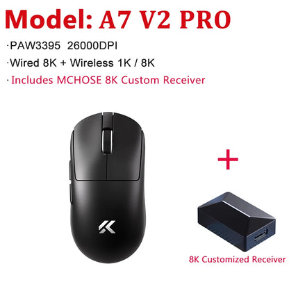 Mouse da gaming wireless leggero MCHOSE A7 V2 Ultra / Pro, Dual 8000Hz, PAW3950 TI, 42000DPI, per PC e gamer e-sport