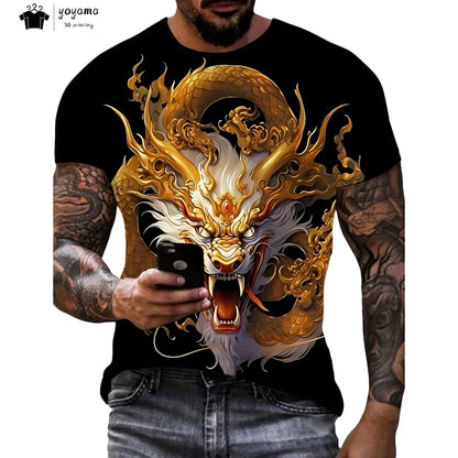 T-shirts för herr med drakmönster, kortärmad T-shirt, trendig streetwear-topp med O-ringning, djurmönster i 3D-tryck, lös och mångsidig herrklädsel