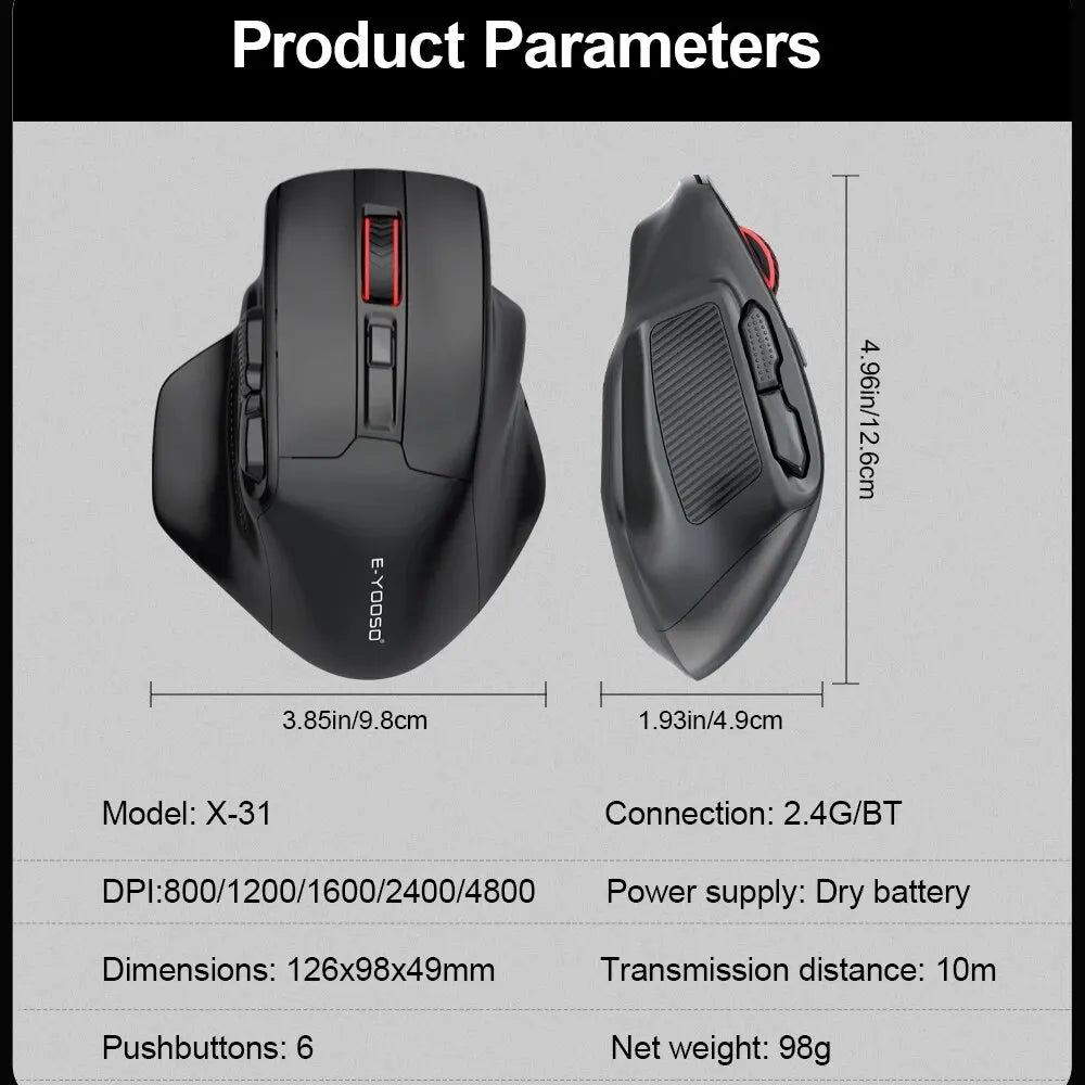 E-YOOSO X-31 Pro USB гейминг мишка с голяма опора, Bluetooth 2.4G безжична връзка, PAW3212, 4800 DPI, за геймъри, компютър, лаптоп и PC