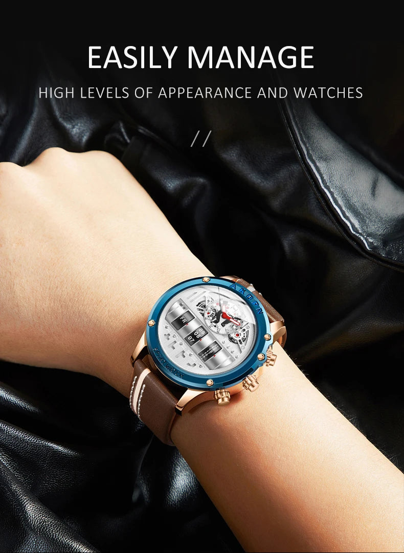 Luxury Electronic Quartz Watch For Men Business Watches Male Creative Men WristWatch Unique Rotate Date Leather Strap Watches