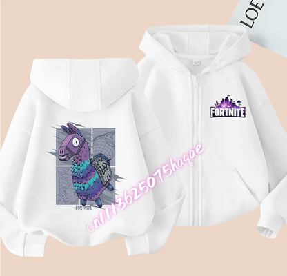 Casaco com capuz infantil Fortnite de outono, com fecho, estampado com personagem de jogo em estilo cartoon, casaco de inverno para criança, roupa para menino