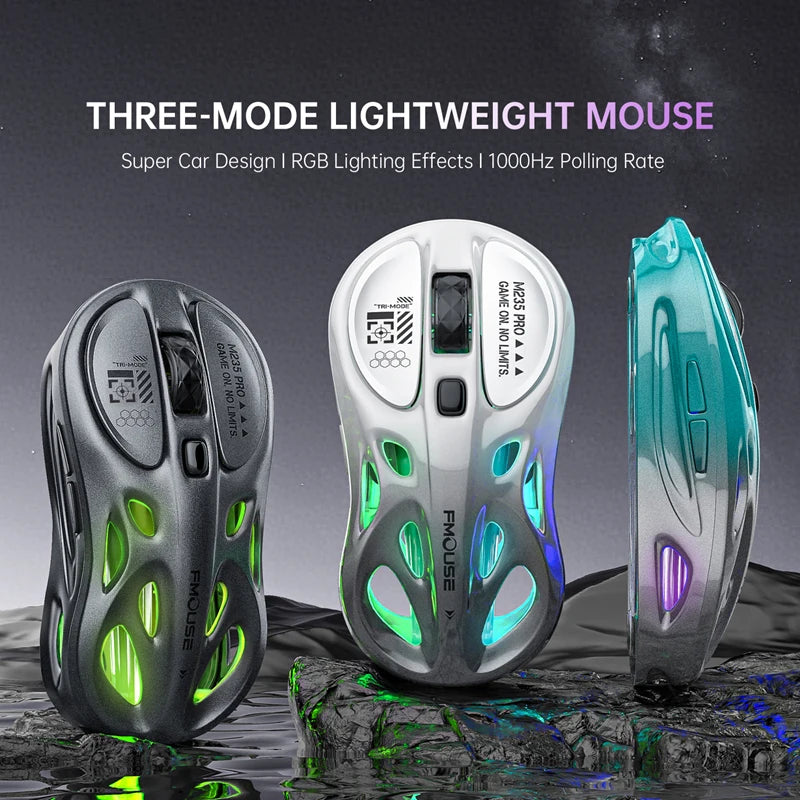 Rato Gaming Sem Fios 2.4G Trimodo RGB, Design Oco Leve com Iluminação Chroma, Com Fios/Bluetooth, Rato E-Sports Controlador