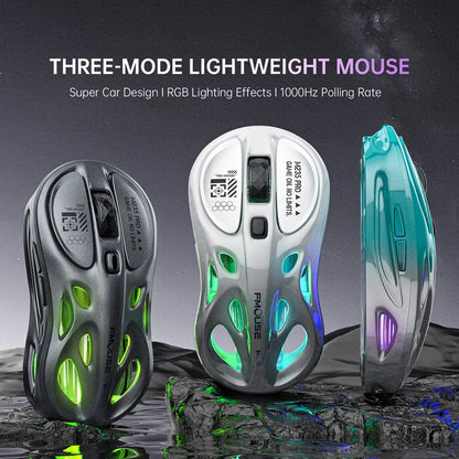 Rato Gaming Sem Fios 2.4G Trimodo RGB, Design Oco Leve com Iluminação Chroma, Com Fios/Bluetooth, Rato E-Sports Controlador