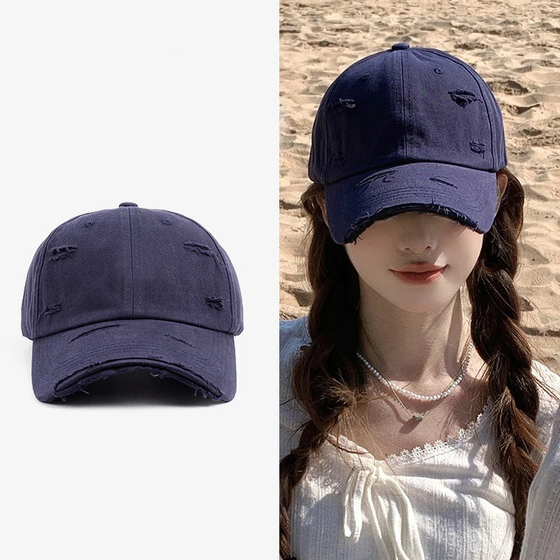 Ny forårs- og sommerhat til mænd og kvinder i hip-hop-stil – alsidig, blød top, buet skygge, retro-look med slidte huller og duckbill-form