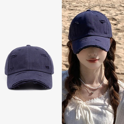 Ny forårs- og sommerhat til mænd og kvinder i hip-hop-stil – alsidig, blød top, buet skygge, retro-look med slidte huller og duckbill-form