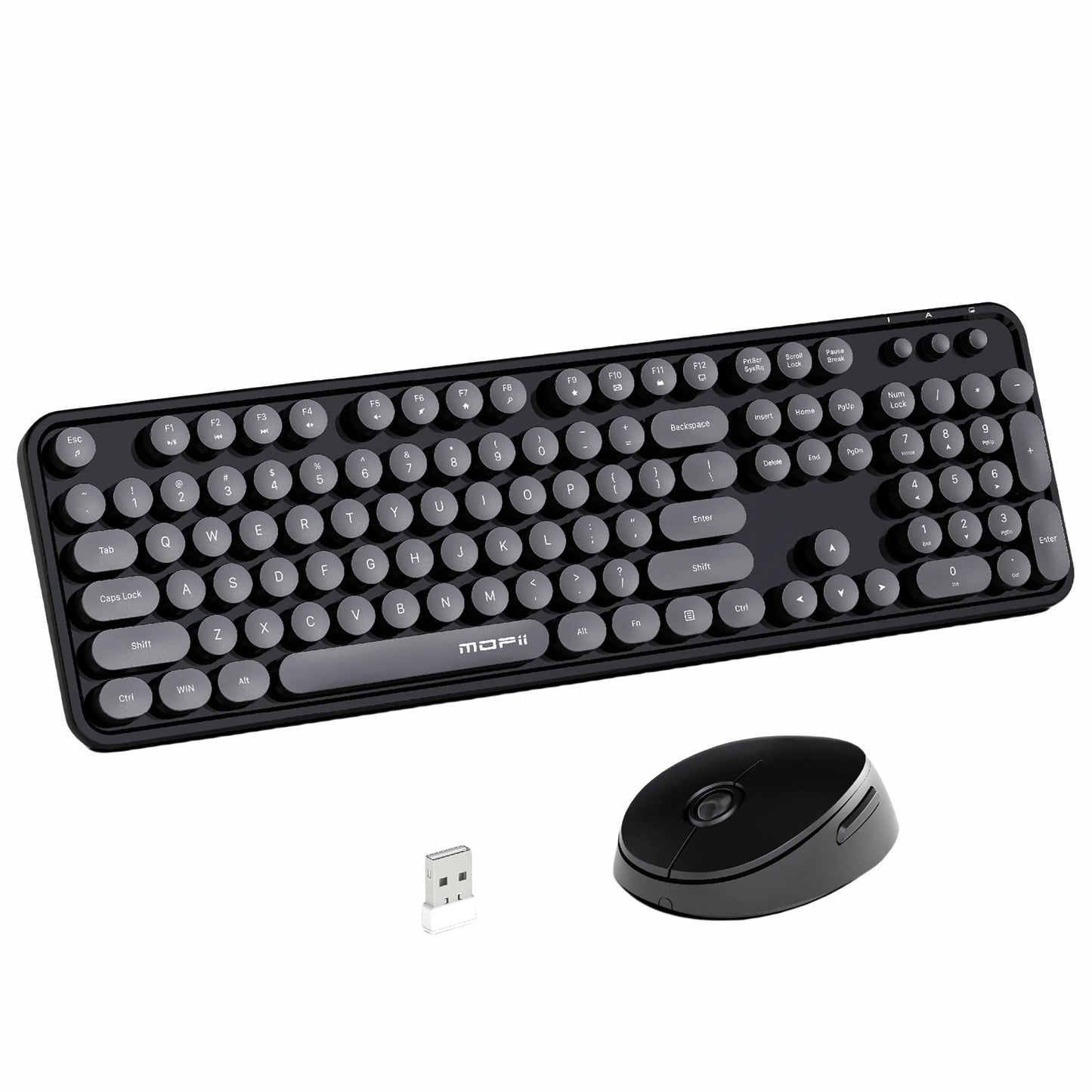MOFii Black Retro Round Keycaps Wireless Keyboard & Mouse Combo, 2.4G Quiet Office Set, US QWERTY Layout