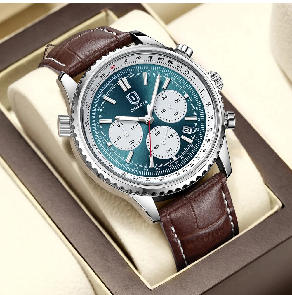 QINGXIYA Luxury Man Watch Quartz Waterproof Luminous Date Chronograph Leather Men Wristwatch Military Sports Men's Watches Reloj
