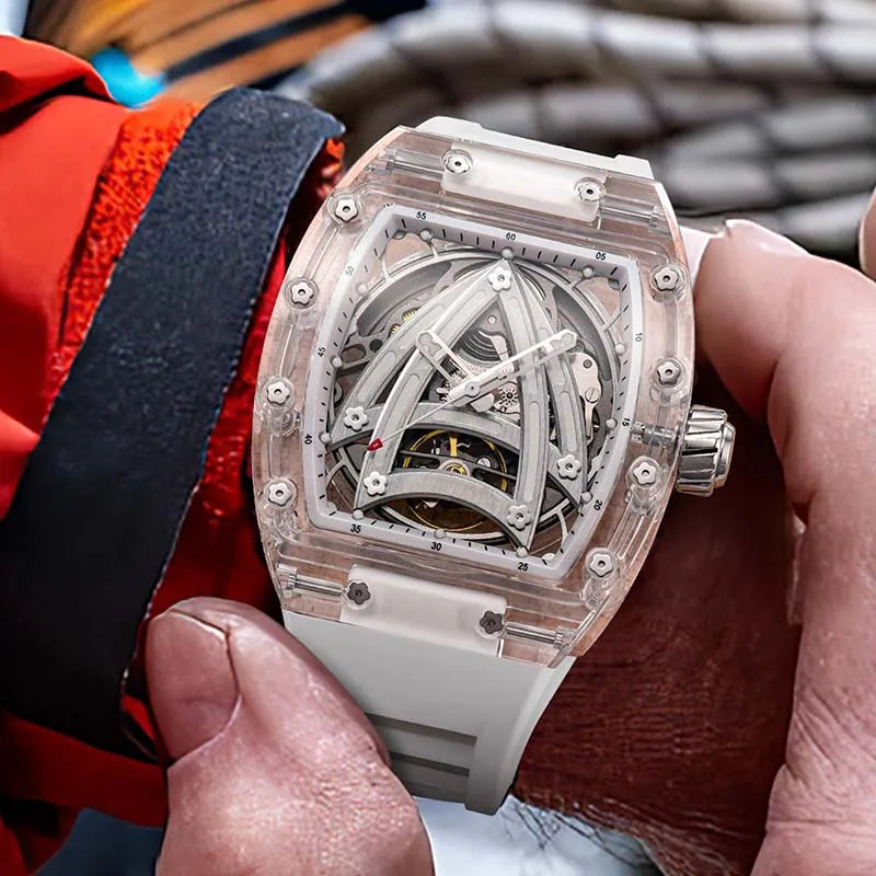 PINDU Designer Hollow Tonneau Mechanical Watch Men Luxury Brand Skeleton Automatic Watches Mens Sport Silicone Wristwatch JH3105