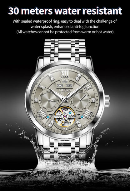 OLEVS 6701 Men's Watch Luxury Waterproof Auto Date Mechanical Watch For Men Hollow Skeleton Diamond Wristwatch Luminous Clock