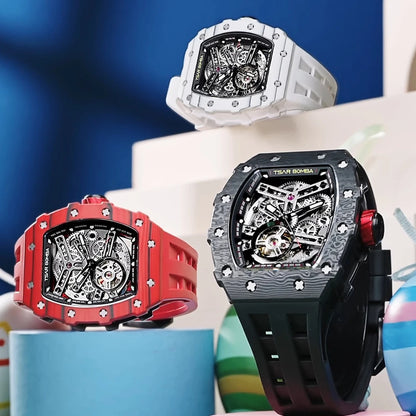 TSAR BOMBA Carbon Fiber Automatic Mechanical Watch for Men Waterproof Skeleton Mens Watches Top Brand Luxury Wristwatches