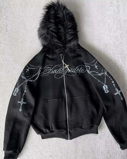 2026 New American Fashion Trend Goth Printed Zipper Hoodie Women Street Hip Hop Punk Rock Sweatshirt Unisex Casual Loose Hoodie, produit gaming premium Fraquane