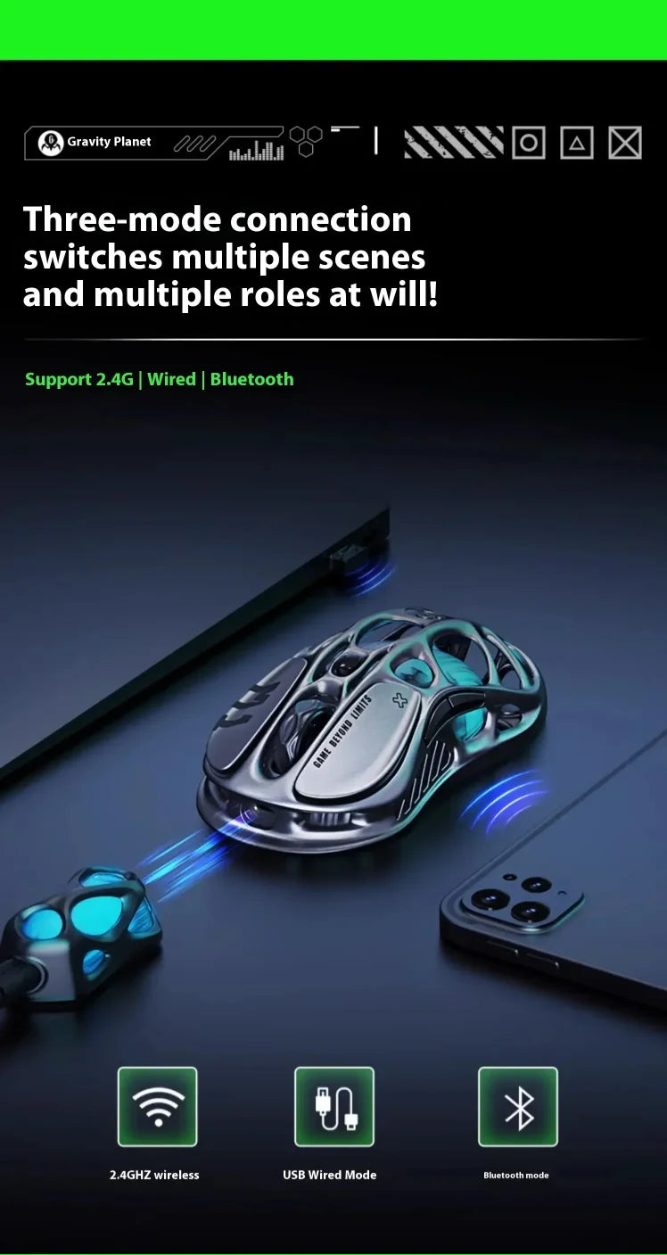 New GravaStar M1 M2 Wireless Magnesium Alloy Gaming Mouse PAW3395 4K 26000DPI Bluetooth 2.4G Wired Hollow Design Gamer Mouse