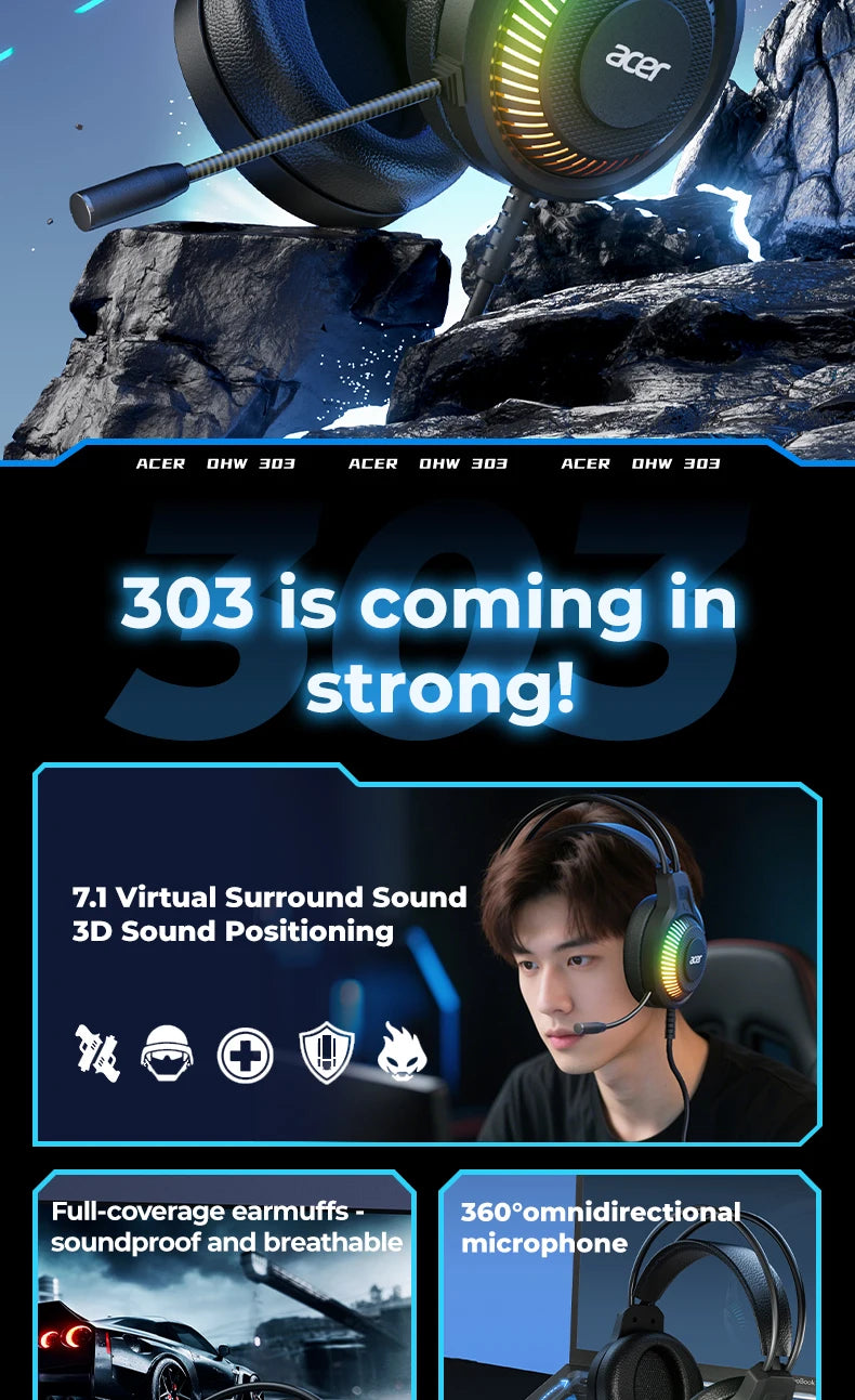 Auriculares Gaming com Fio RGB e Microfone – Headset Gaming com Som Surround de Baixa Latência, Iluminação RGB Elegante, Isolamento de Ruído e Ajuste Confortável