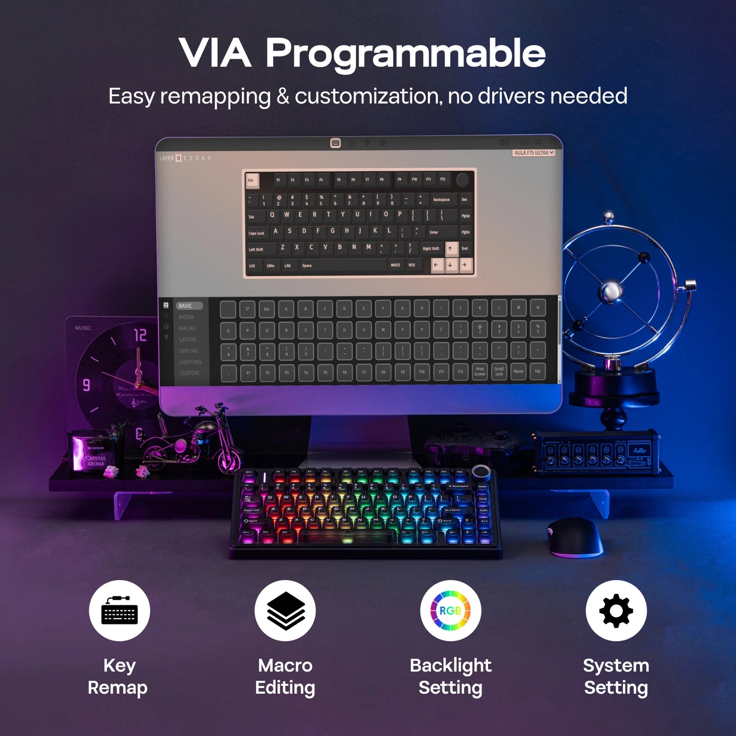 EPOMAKER x AULA F75 Ultra VIA programmierbare mechanische Tastatur, 75 %, ANSI-US-QWERTY-Layout, Gasket-Mount, kabelgebunden/Bluetooth/2.4Ghz kabellos