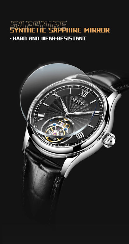 AESOP Mens Mechanical Wristwatches Flying Tourbillon Movement Skeleton Watch for Men Man Luxury Clocks Real Tourbillon Watch