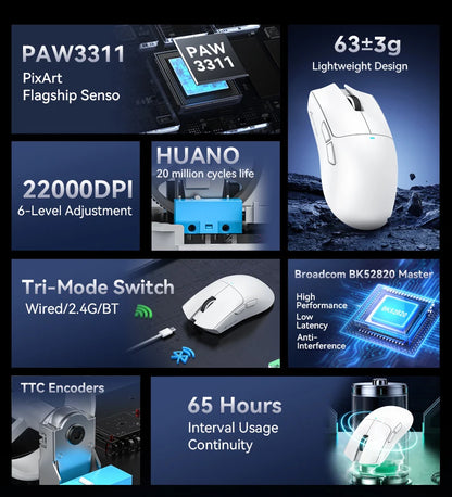ATTACK SHARK X11SE Wireless Gaming Mouse Tri-Mode, 63g Superlight Gaming Mouse with PAW3311 Sensor, 22000 DPI, Bluetooth & 2.4GHz RGB Gaming Mouse