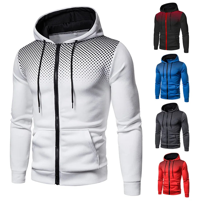 Men's Zip Up Hoodie Pocket Polka Dot Print Hooded Sweatshirt Sport Outdoor Casual Slim Fit Men Spring Autumn Zipper Hoodie