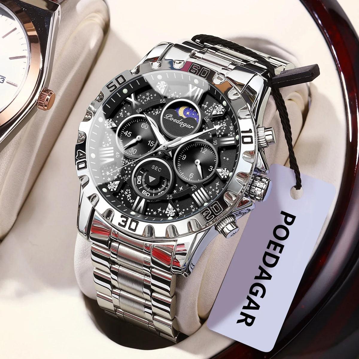 Montre homme de luxe POEDAGAR, étanche, lumineuse, en acier inoxydable, à quartz, chronographe, style militaire.