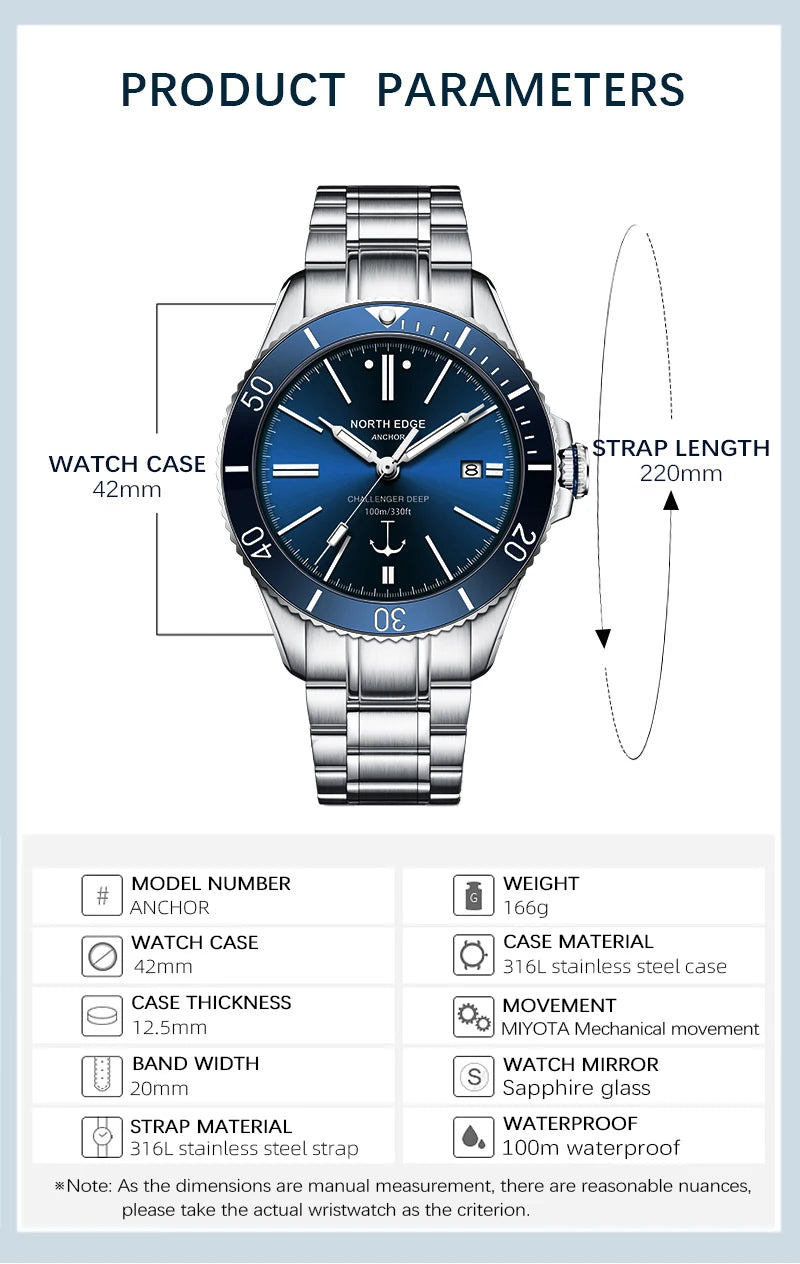 NORTH EDGE 42mm Men Mechanical Wristwatch Luxury Sapphire Glass MIYOTA 8215 Automatic Watches 10bar Waterproof Watch Men ANCHOR