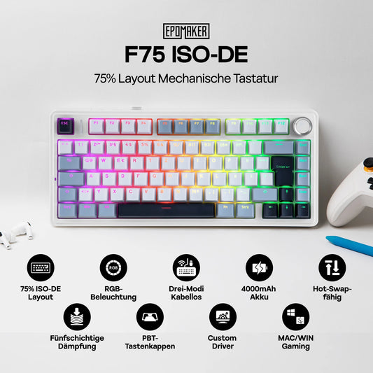 EPOMAKER x AULA F75 ISO-DE Tri-Mode Connectivity QWERTZ German Layout Wireless Mechanical Keyboard with 4000 mAh Battery