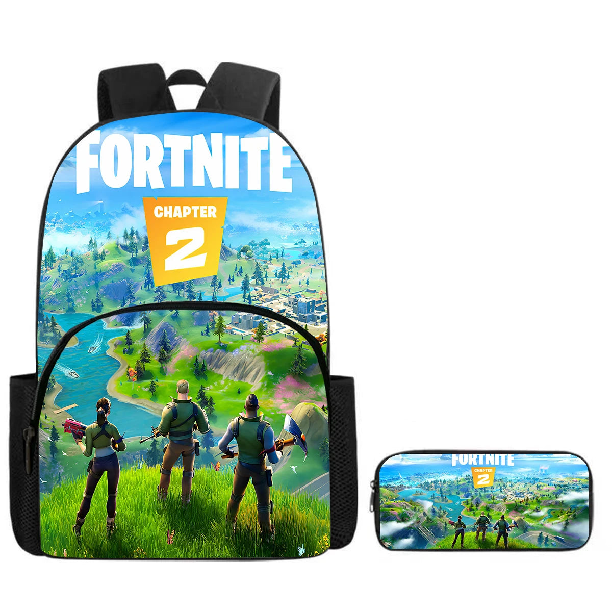 Fortnite Cartoon Backpack w/ Front Pocket & Pencil Case 2PCS - School Set for Boys Girls Age 5-8, Back to School Gift