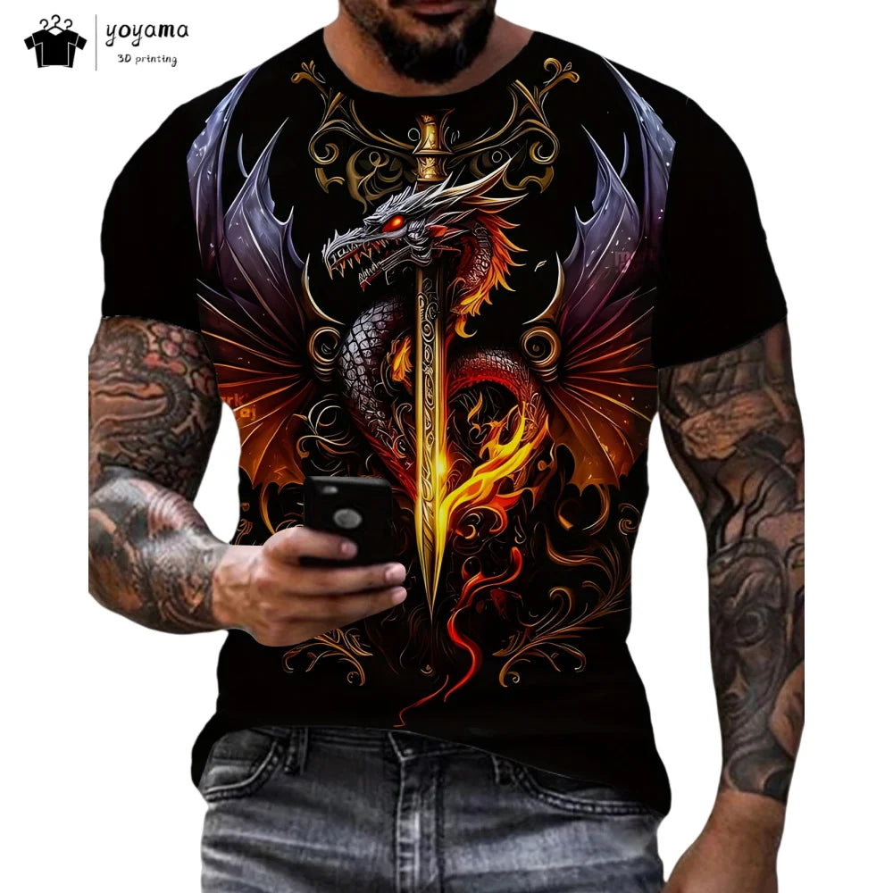 T-shirts för herr med drakmönster, kortärmad T-shirt, trendig streetwear-topp med O-ringning, djurmönster i 3D-tryck, lös och mångsidig herrklädsel