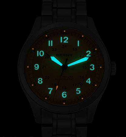 BERNY Full Titanium Automatic Watches for Men Super Luminous Sapphire Mechanical Field Watch Date 10ATM Sports Easy Read