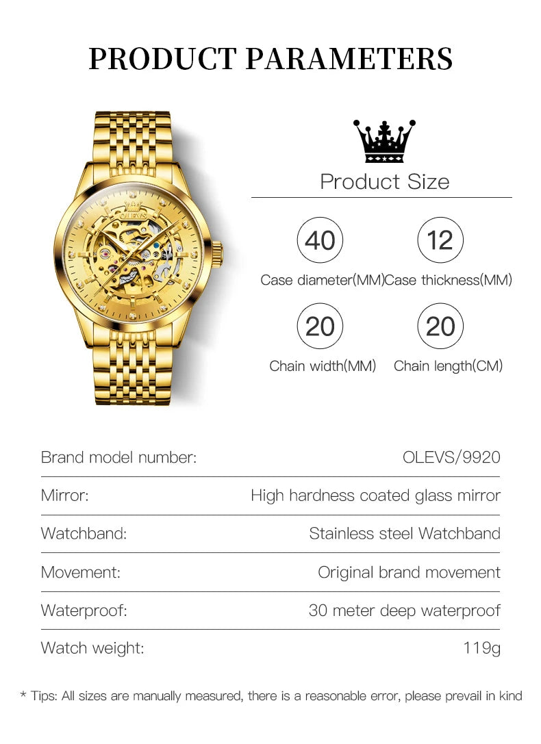 OLEVS 9920 Original Skeleton Men's Watches Solid Stainless Steel Waterproof Luminous Man Watch Luxury Automatic Mechanical Watch