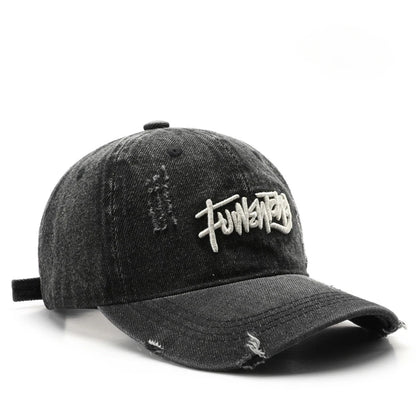 Japanese Retro Washed Denim Letter Embroidered Cap Outdoor Sports Mens Travel Sun Hat Baseball Cap Classic Versatile Comfortable