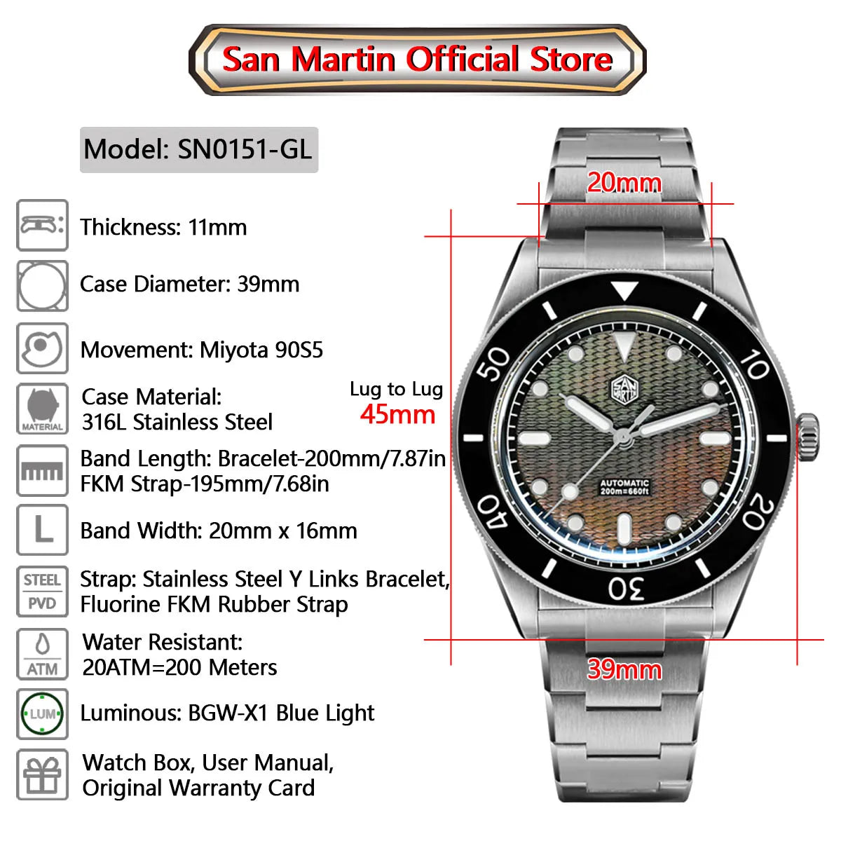San Martin Official 39mm Guilloche MOP Dial Miyota 90S5 Sport Watch Automatic Mechanical Sapphire Bezel 20 ATM Luminous SN0151