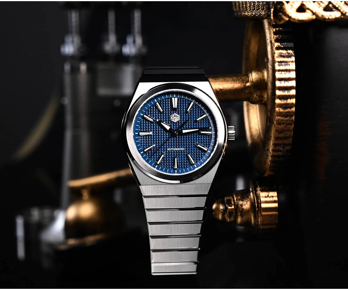 San Martin 39mm Luxury Men Sports Watch Waffle Dial Integrated Bracelet Miyota 90S5 Automatic Mechanical Clear Caseback SN0152