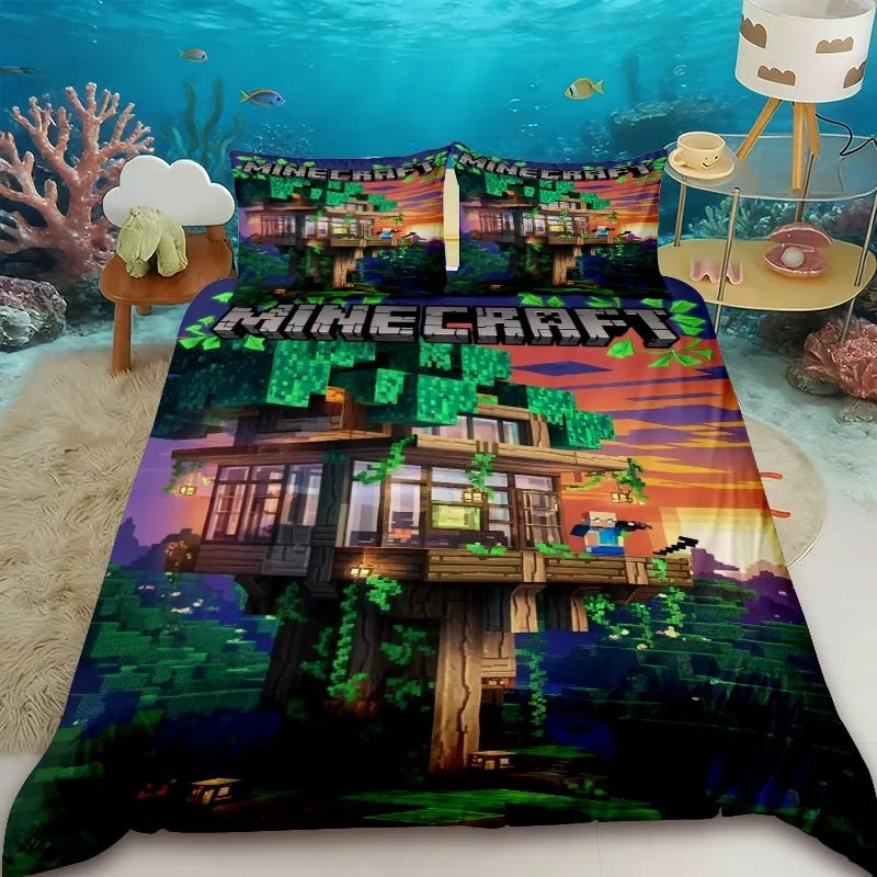 Funda nórdica infantil de dibujos animados Minecraft, juego de ropa de cama con funda de edredón, tamaños Queen, King y Full, con 1/2 fundas de almohada para dormitorio