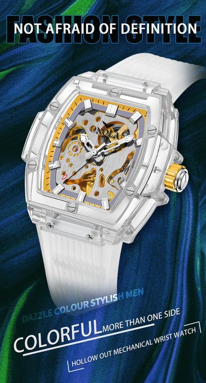 Luxury men's watch onola plastic transparent hollow full automatic mechanical watches men waterproof clock