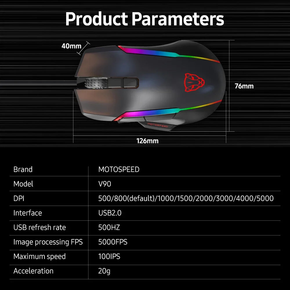 Motospeed V90 Wired Gaming Mouse RGB Backlight 8 Adjustable 50000 DPI Office Game Mouse Macro Drive PMW3325 For Laptop PC