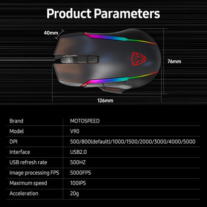 Motospeed V90 Wired Gaming Mouse RGB Backlight 8 Adjustable 50000 DPI Office Game Mouse Macro Drive PMW3325 For Laptop PC