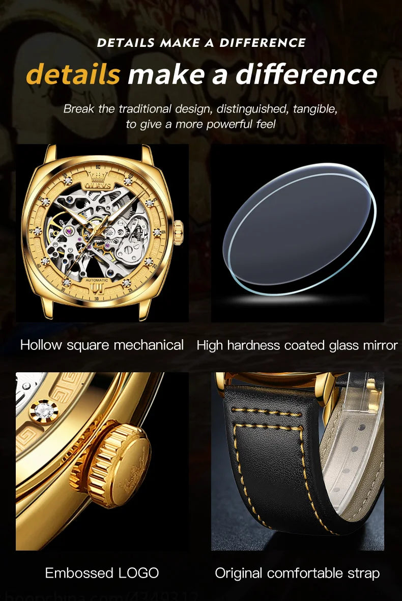 OLEVS 6651 Men's Watch Classic Automatic Mechanical Watch For Men Hollow Skeleton Clock Luxury Leather Waterproof Wrist Watches