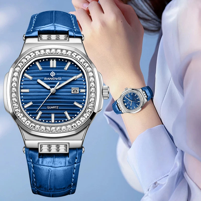 New Fashion BANGWEI Elegant Luxury Quartz Woman Watch Simple Dial Diamond Retro Leather Date Waterproof Luminous Women's Watches