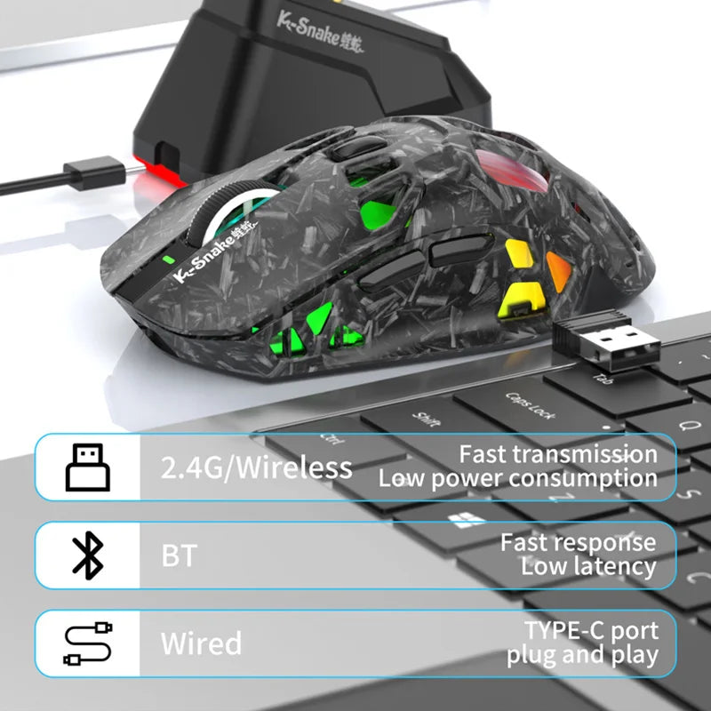 Ľahká herná myš Lenovo Tri-Mode s RGB nabíjacím dokom, 12000DPI, 2.4G/Bluetooth/káblové pripojenie, ergonomická myš pre PC a notebook