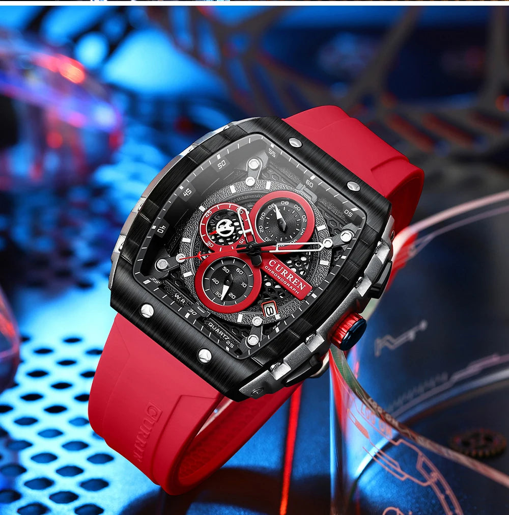 CURREN Tonneau Dial Sport Watch for Men Fashion Waterproof Quartz Wristwatch with Auto Date Yellow Silicone Strap Luminous