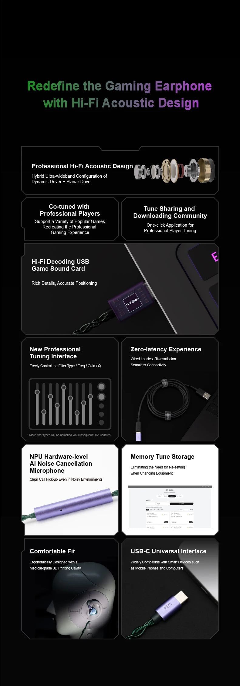 MOONDROP RAYS Gaming Earphones USB-C DSP Gaming IEMs – HiFi Wired In-Ear Gaming Earbuds with AI Noise Cancelling Microphone