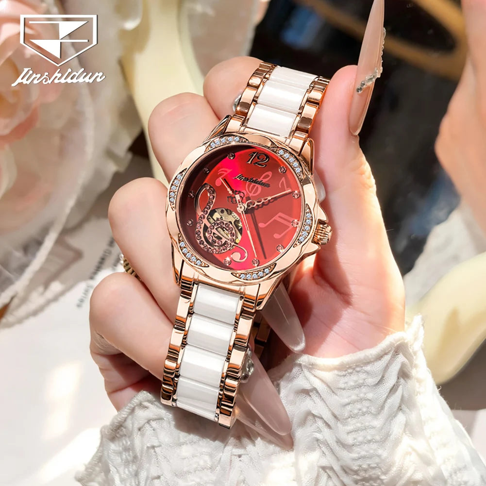 JSDUN 8820 Women Watches Mechanical Watch Luxury Elegant Original Watch Ceramics Strap Waterproof Luminous Ladies Watch Gift Box