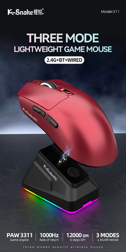 K-Snake X11 Bluetooth Wireless Gaming Mouse, Tri-Mode RGB Rechargeable Mouse with PAW3311 Sensor, 12000 DPI Magnetic Charging Gaming Mouse for PC, Laptop & Office